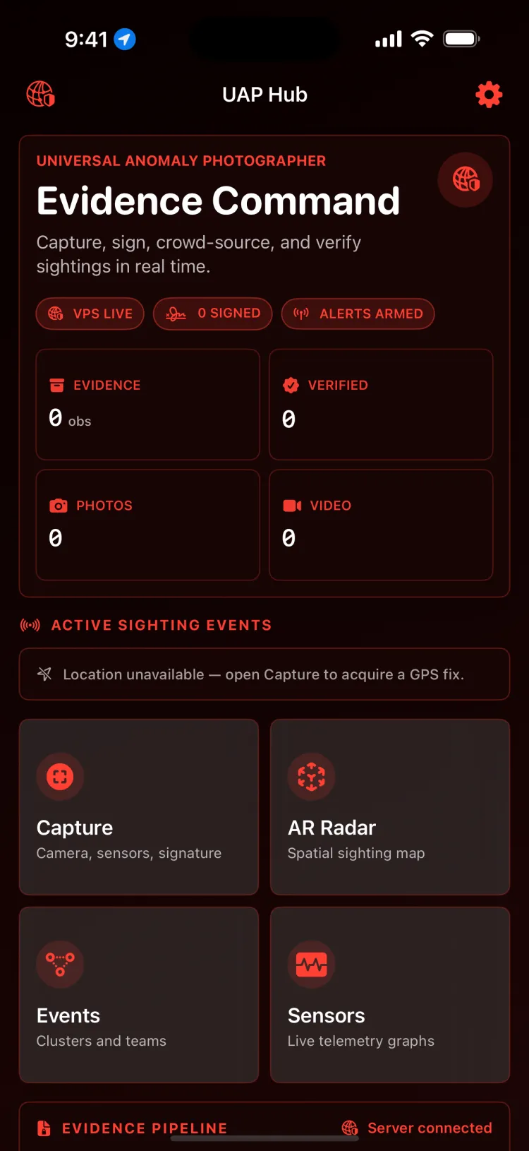 Evidence Command dashboard in night-vision mode