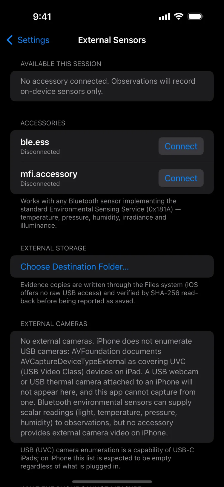 External sensors screen listing BLE and MFi accessories